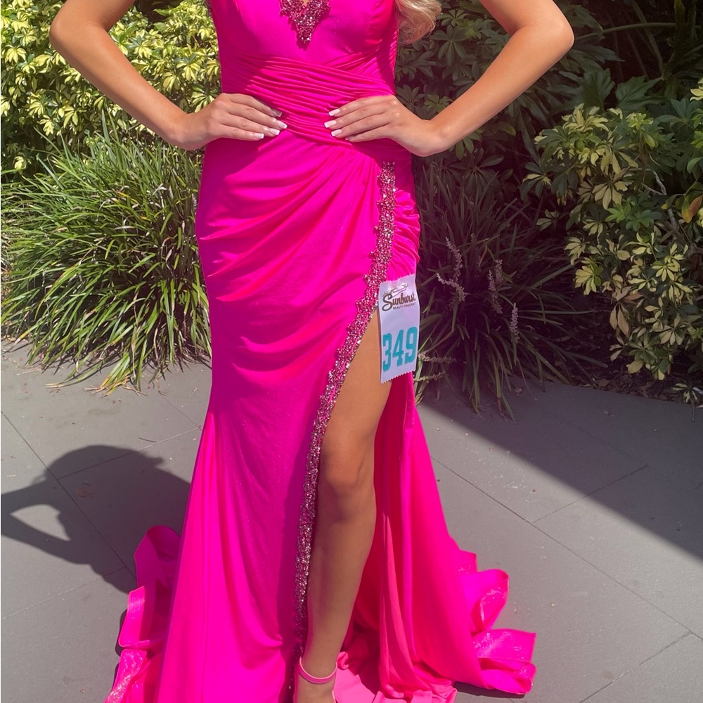Ava Presley Fuchsia High-Low Evening Gown with Embellished Slit